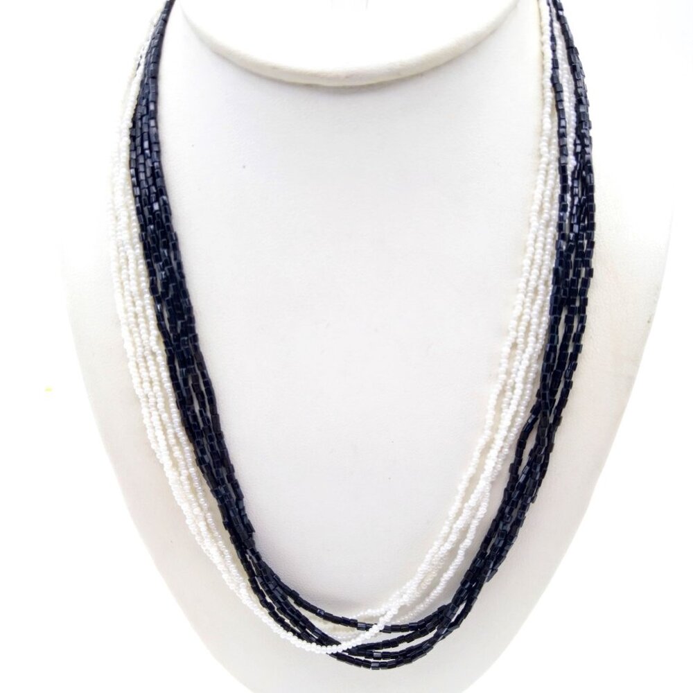 Neutral Seed Bead Torsade Necklace, Black and White Vintage Strands, Multi Stran